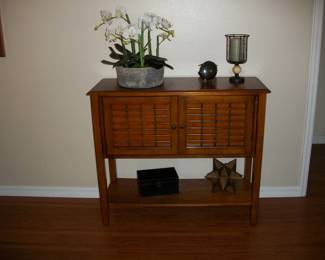 Wood 2 Door Console Table ; Decor items.