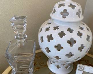 White Lattice Ginger Jar Vase, Tall Crystal Liquor Bottle/Decanter