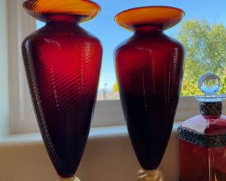 Pair of Mid Century Murano Glass Deep Red Swirl & Gold Vases