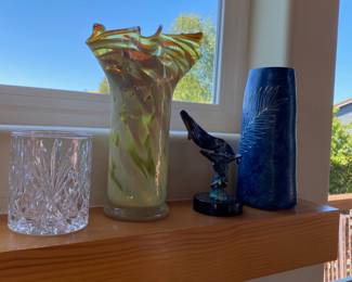 SPI Gallery Whale with Baby Hand Sculpted Cast Solid Brass Figurine, Cobalt Blue Cylinder Pottery Vase - Made In Thailand