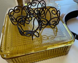 Amber Depression Covered Glass Refrigerator Dish