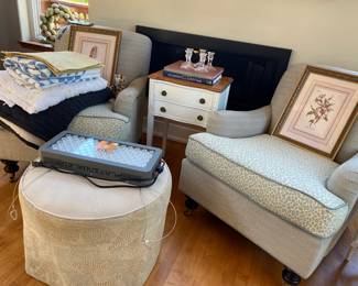 Pair of Club Accent Chairs with Geometric & Leopard Upholstery, Matching Ottoman