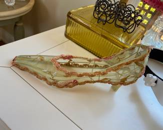 Amber Depression Covered Glass Refrigerator Dish, Decorative Glass Shoe Decor