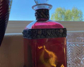 Red Glass and Metal Decanter