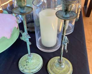 2 Green Patina Painted Frog Candle Stick Holders