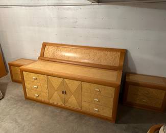 Italian Maple Burlwood Bedroom Set - Lowboy Dresser, Headboard, 2 Night Stands, Armoire, Highboy Dresser