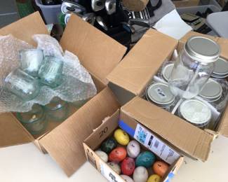 Canning supplies, wine glasses, marble eggs.