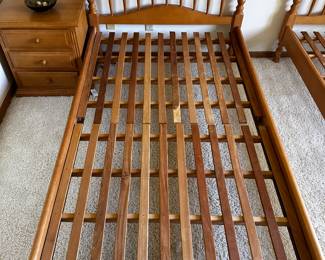 This is a pair of TWIN SIZE BEDS!  The furniture in this beautiful home is STELLAR! All the beds are absolutely top of the line and sturdy! I have never seen the kind of SLAT SYSTEM that these beds all have! Absolutely the strongest I have ever seen! These beds are made to be used WITHOUT a Box Spring! Mattress only! 