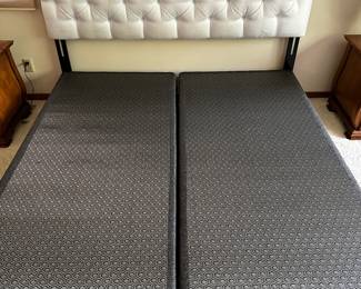 This is the KING SIZE BED! The furniture in this beautiful home is STELLAR! This fabric and tufted headboard will fit into any decor. No mattress, but does have the twin size box springs! They are in excellent condition! 