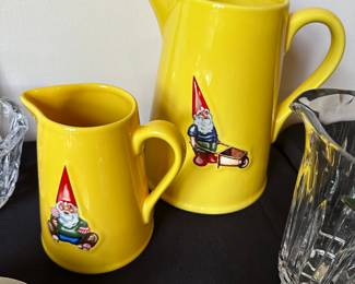 A pair of Vintage "Kiss That Frog" Gnome pitchers! Beauty and vibrant yellow with no chips, cracks or paint loss. Made in California! 