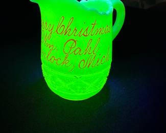 Hemlock, MI. Antique Souvenir Pitcher Custard Uranium Glass! 