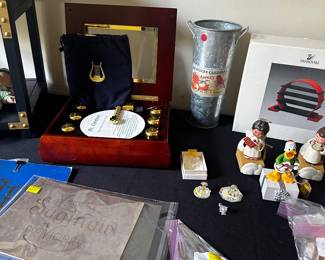 Another Banquet Table full of small collectibles! Mr. Christmas Disk Music Box WITH DISKS! Swarovski Chrystals and Shelf! 