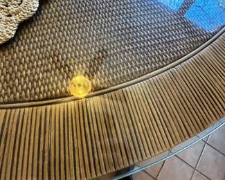 Table has glass top over a beautiful wood pattern! 