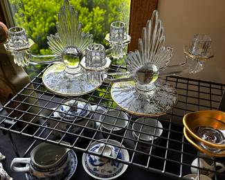 A BEAUTIFUL pair of 1930's Art Deco Fostoria Flame Glass Double Candlesticks! MINT! 