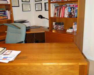 Complete office system, desk, shelving, bookcases, and file cabinets
