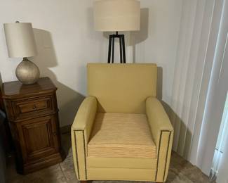 night stands, lamp, yellow chair, floor lamp