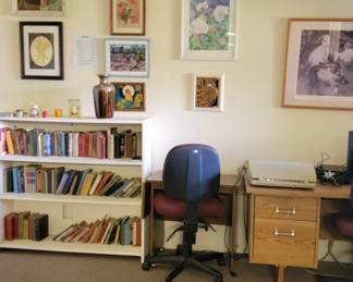 office chairs, wall art vintage books