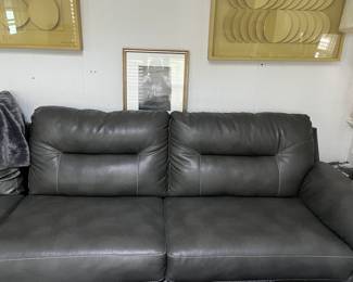 Two Section grey leather sofa & matching bench 