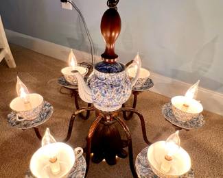 Tea pot and tea cups w/saucers chandelier - w/3 lighting options - lights from the top of 6 cups, or just the bottom center or both