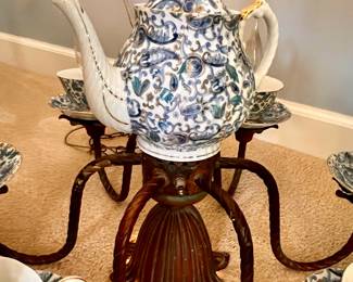 Tea pot and tea cups w/saucers chandelier - w/3 lighting options - lights from the top of 6 cups, or just the bottom center or both