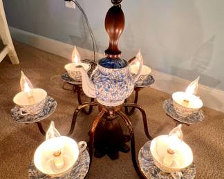 Tea pot and tea cups w/saucers chandelier - w/3 lighting options - lights from the top of 6 cups, or just the bottom center or both