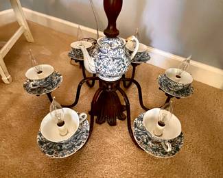 Tea pot and tea cups w/saucers chandelier - w/3 lighting options - lights from the top of 6 cups, or just the bottom center or both