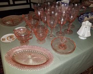 Pink Depression Glass , Glasses , 2 Cream & Sugars , Platters