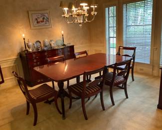 Duncan 52 pedestal table with six chairs and two leafs