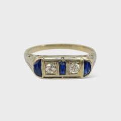 Fine Art Deco 14K White Gold Diamond & Blue Sapphire Wedding Ring Size 5.75
