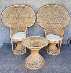 Pair Vintage Boho Chick Tall Rattan Peacock Chairs and Side Table
