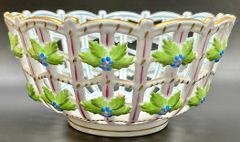 Fine HEREND Porcelain Hand Painted Openwork Floral Basket
