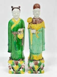 PAIR OF GREEN SANCAI CHINESE IMMORTALS MARKED AND 3 bonus Occupied Japan Figurines
