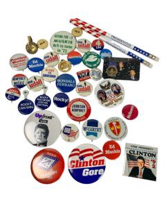 Vintage Political Buttons/Pins Including Mo Udall Congress, Ed Muskie, 1992 Clinton For President, Barry and Bill, Rocky!, 4 LBJ and More!
