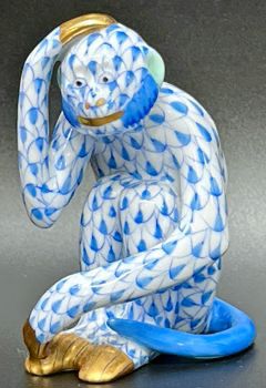 Fine HEREND Porcelain Blue Fishnet Chimp Monkey Figurine
