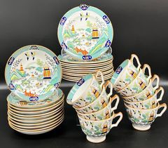 Fine Coalport Chinese Chinoiserie Willow Bone China Saucers, Tea Cups, and Desert Plates
