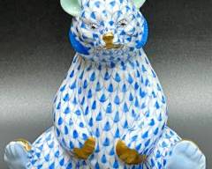 Fine HEREND Porcelain Baby Bear Sitting Figurine Blue Fishnet
