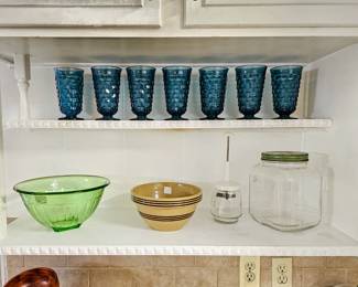 Whitehall glasses, uranium glass mixing bowl, hoosier jar, yellow ware.