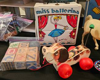 1950s Miss Ballerina carry case, 1950s fisher price "snoopy" toy