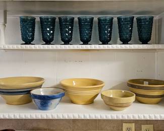 Whitehall glasses, early yellow ware bowls