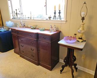 Vintage mahogany buffet, marble top plant stand
