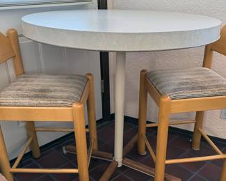 Mid-century modern tall round melamine tables (35” + 40” diameter)