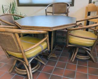 Vintage octagonal table and 4 wicker chairs