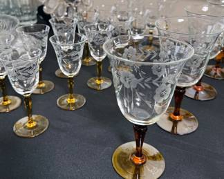 Etched wine and water glasses
