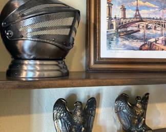 Bookends, Knight’s helmet bar set, framed prints 