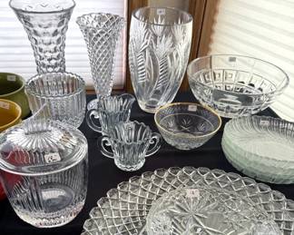 Crystal and cut glass serving dishes, vases