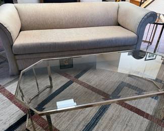Retro sofa, glass coffee table