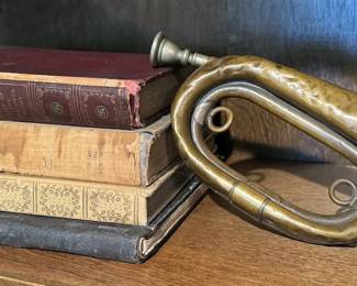 Antique books, horn