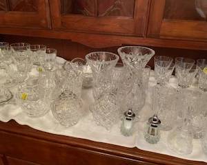 Crystal vases, salt and pepper shakers,