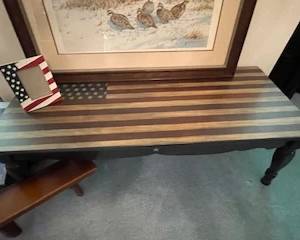 Wooden bench, American flag