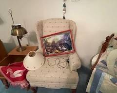 Arm chair, framed print, lamp, lamp shade